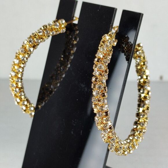 Gold Tone Metal White Colorless Rhinestones Hoop Statement Fashion Earrings - Picture 13 of 16